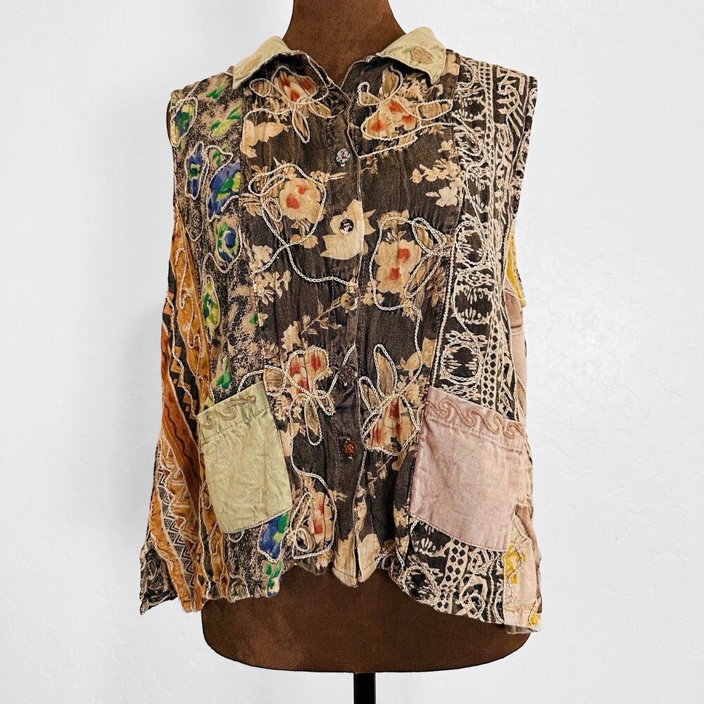 Sacred Threads M/L Button Up Patchwork Top Western Boho Artsy Hippie Eclectic - Picture 3 of 12